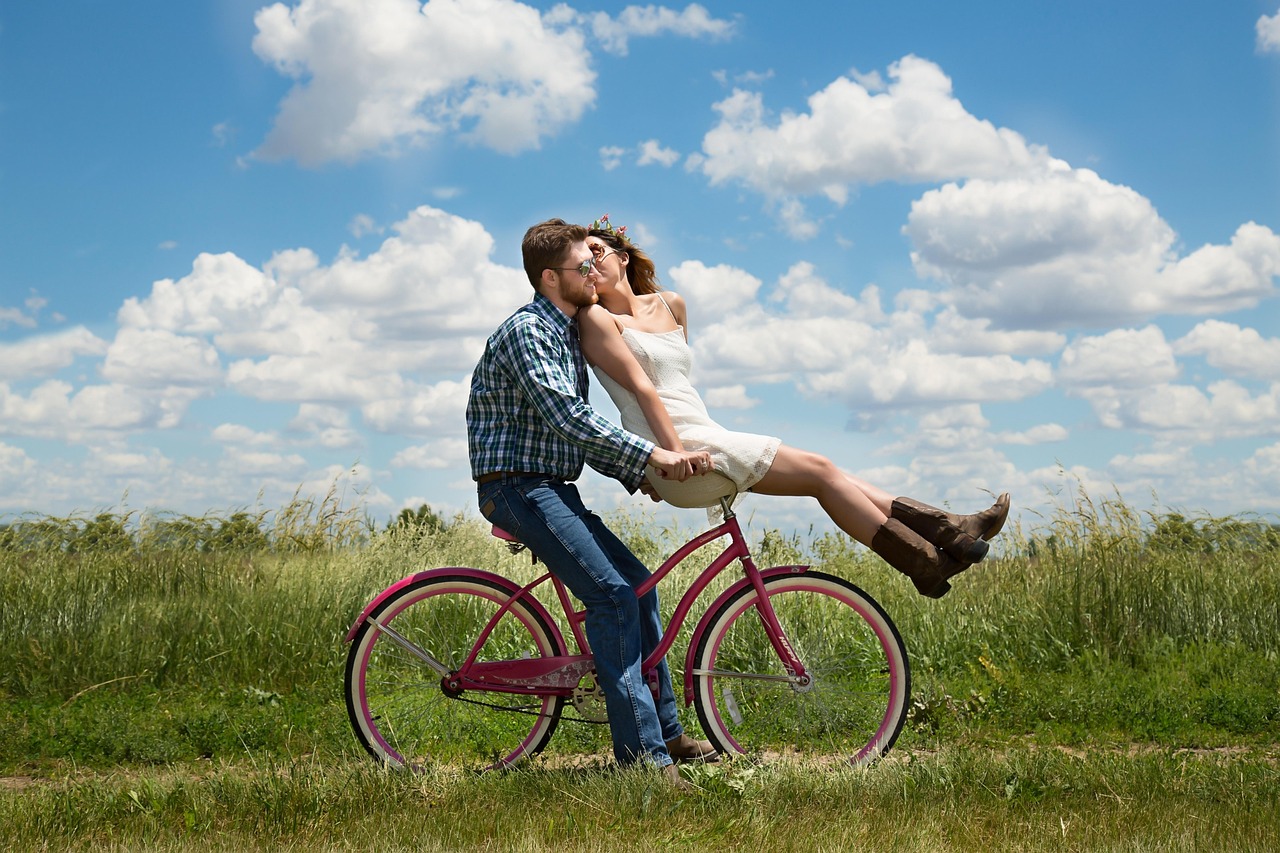 happy valentines day, couple, romance, bike, bicycle, meadow, field, happy, romantic, kiss, affection, together, lovers, man, woman, relationship, young couple, love, outdoors, portrait